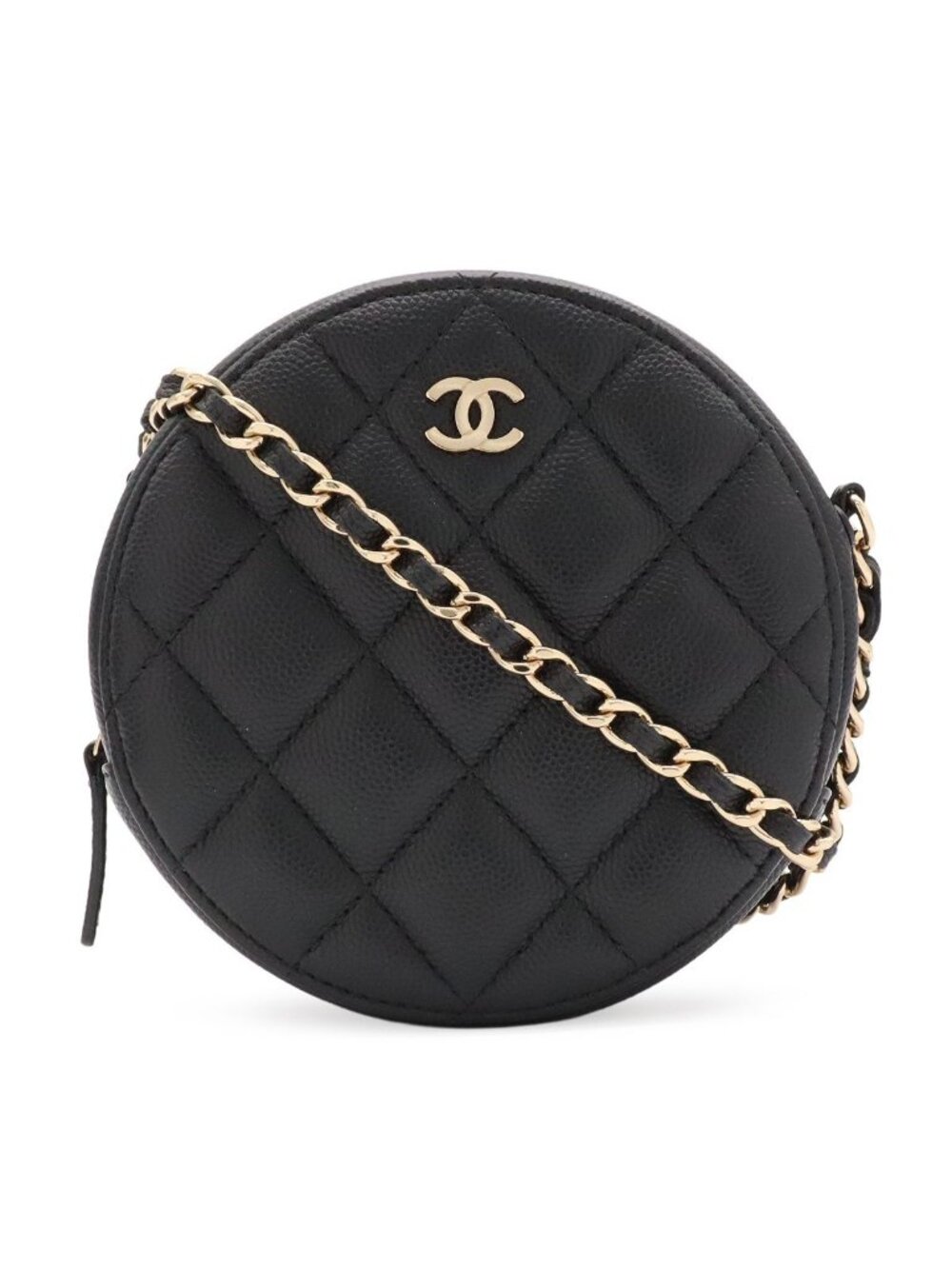 Chanel Quilted Chain Shoulder Bag Pochette Round Crossbody Caviar Leather Black